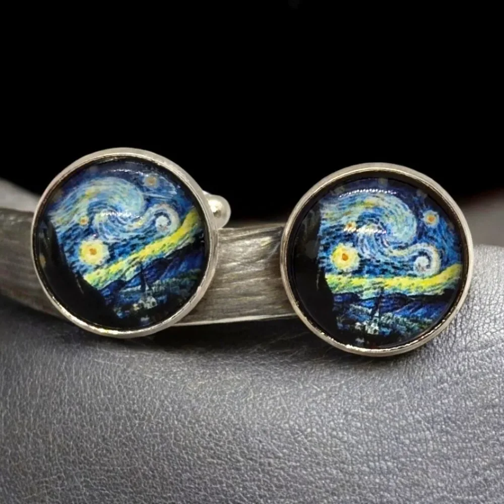 Van Gogh Starry Night Cufflinks Silver Blue Art Museum Artist Chic Teacher Gift
